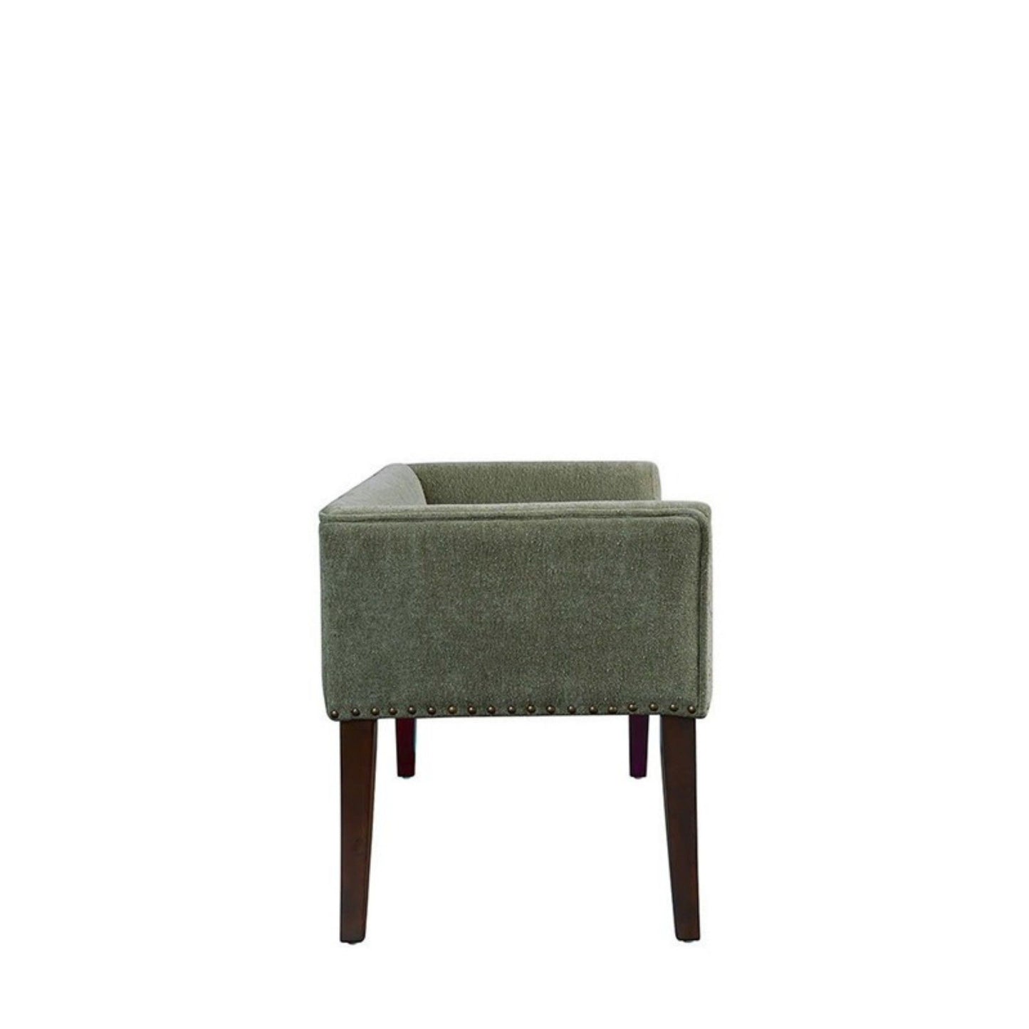 The Elegant Design Bench features green upholstery, a solid wood frame, and nailhead trim along the bottom edge. Shown from the side against a white background, it has a boxy design with sturdy wooden legs.