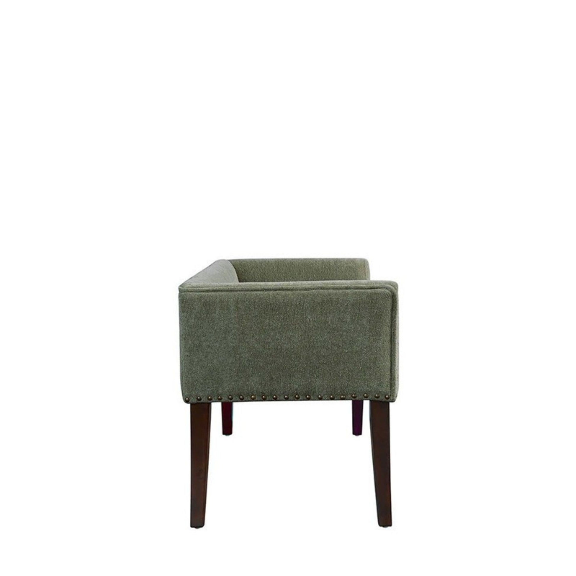 The Elegant Design Bench features green upholstery, a solid wood frame, and nailhead trim along the bottom edge. Shown from the side against a white background, it has a boxy design with sturdy wooden legs.