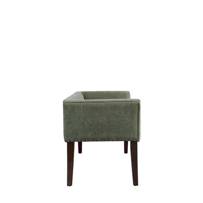 The Elegant Design Bench features green upholstery, a solid wood frame, and nailhead trim along the bottom edge. Shown from the side against a white background, it has a boxy design with sturdy wooden legs.