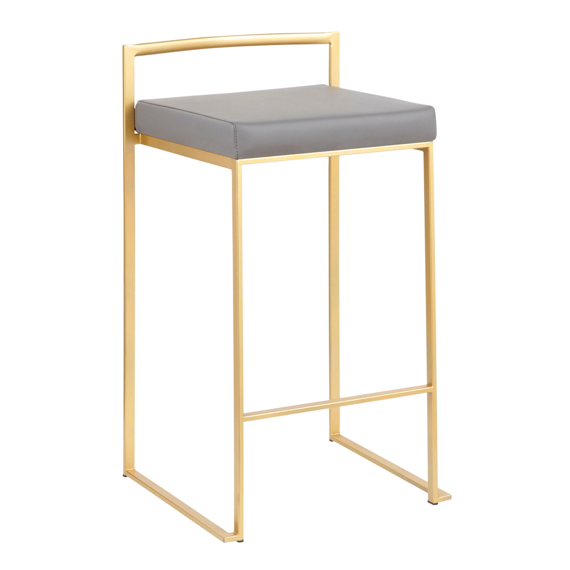 The Fuji Contemporary/Glam Counter Stool set features a gold metal frame, low rectangular backrest, and padded gray seat cushion.