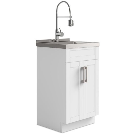 The Hennessy Deluxe Laundry Cabinet features panel doors with silver handles, a stainless steel sink, and a high-arched faucet with spray hose for versatile utility.