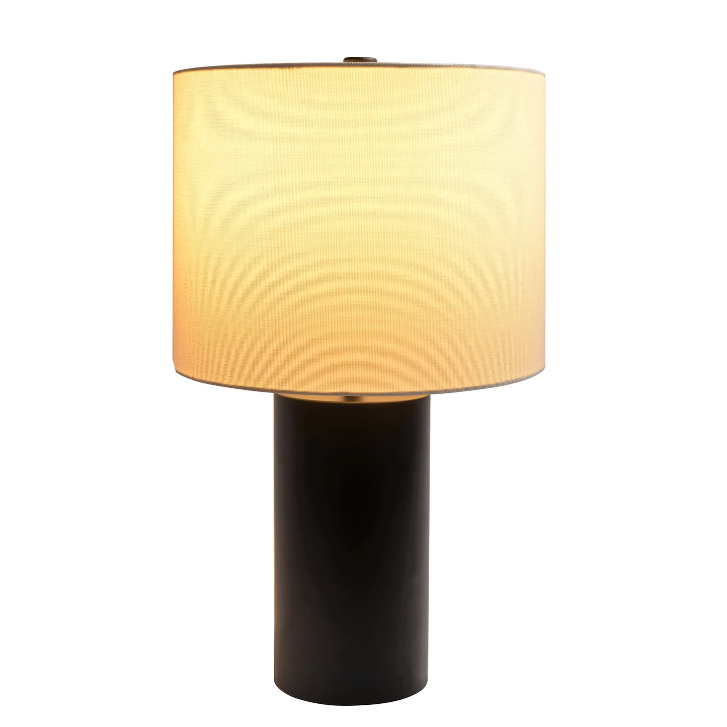 The Aura Table Lamp features a black cylindrical block base and a large, round, cream-colored fabric shade, with an on/off switch. Isolated on a white background.