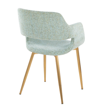 The Margarite - Contemporary Versatile Dining Chair (Set of 2) features a curved back with armrests in light teal fabric and elegant brass tapered legs, viewed from the back at an angle.