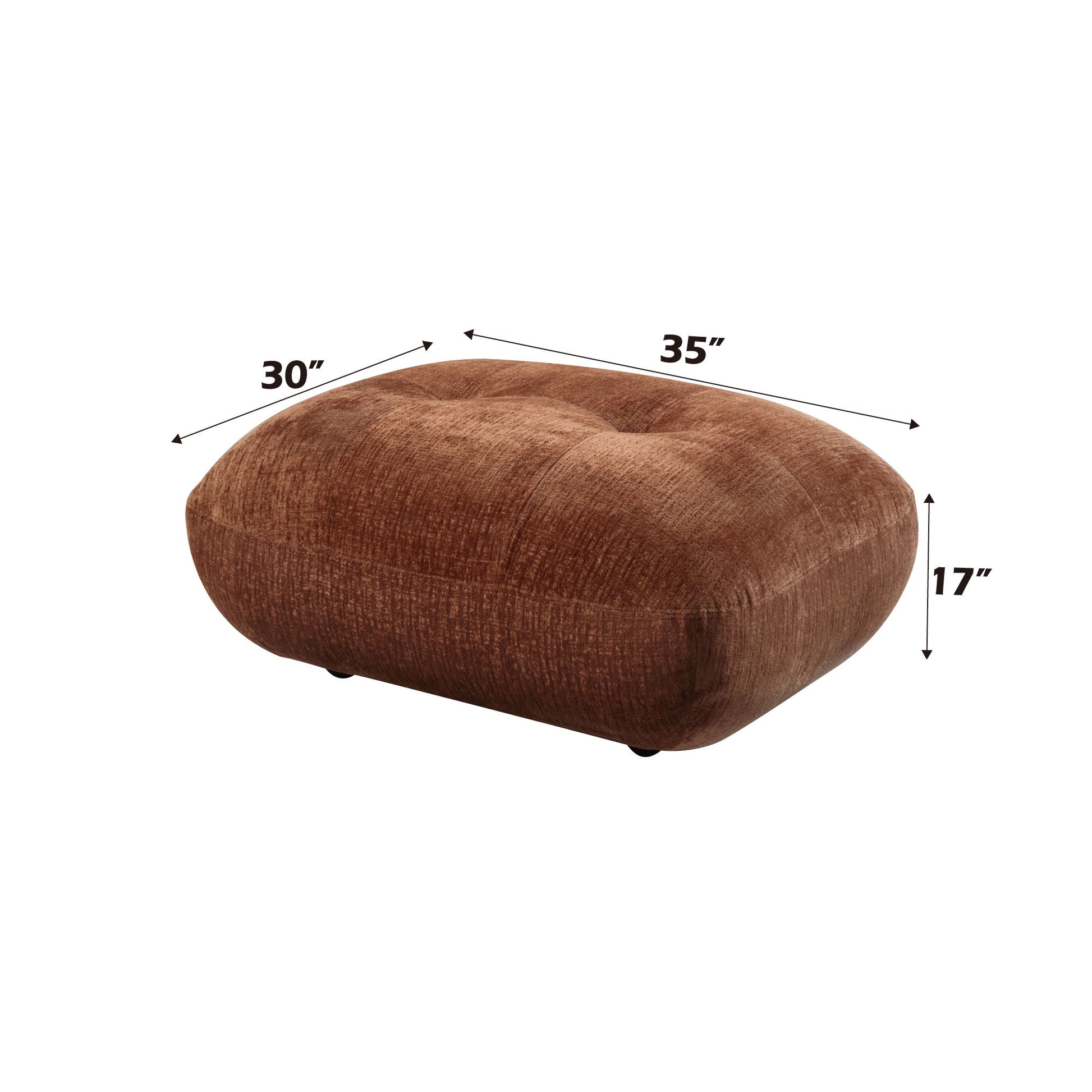 The Carrick - Sandwich Mesh Ottoman in rustic brown features a plush, rectangular design with rounded edges. Dimensions are 35"W x 30"D x 17"H, shown with black measurement lines and arrows on a white background.