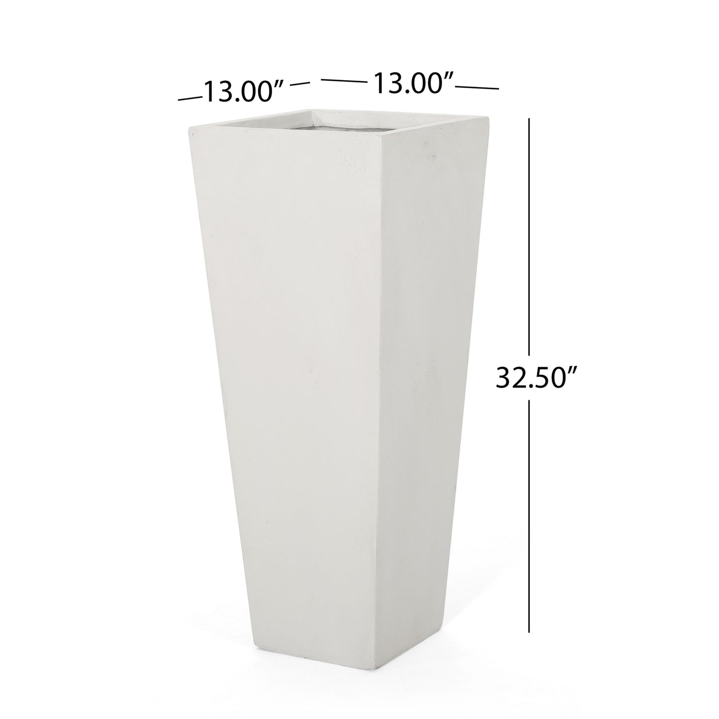 The Outdoor Modern Cast Stone Planter is a tall, white, square planter with tapered sides, measuring 13" wide and deep by 32.5" high.