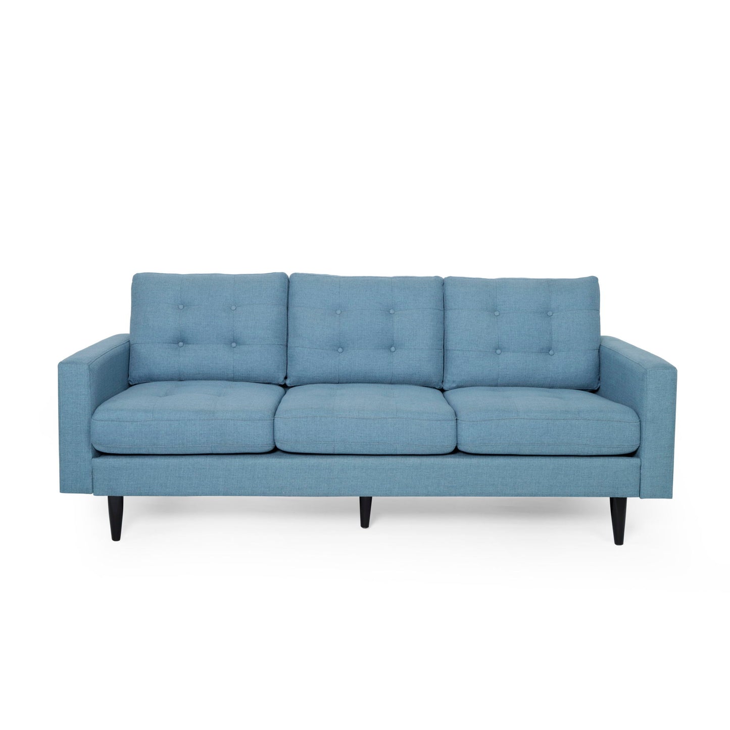 The Jenny Contemporary Tufted Fabric 3 Seater Sofa features a blue mid-century design with three seat and back cushions, button tufting, and angled black wooden legs.