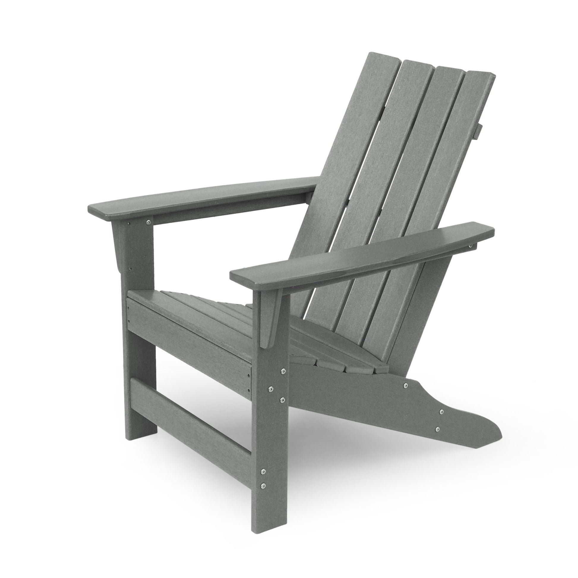The Enigmara Outdoor High Density Resin Adirondack Chair, in gray, features wide armrests and a slatted backrest, displayed at an angle against a white background.