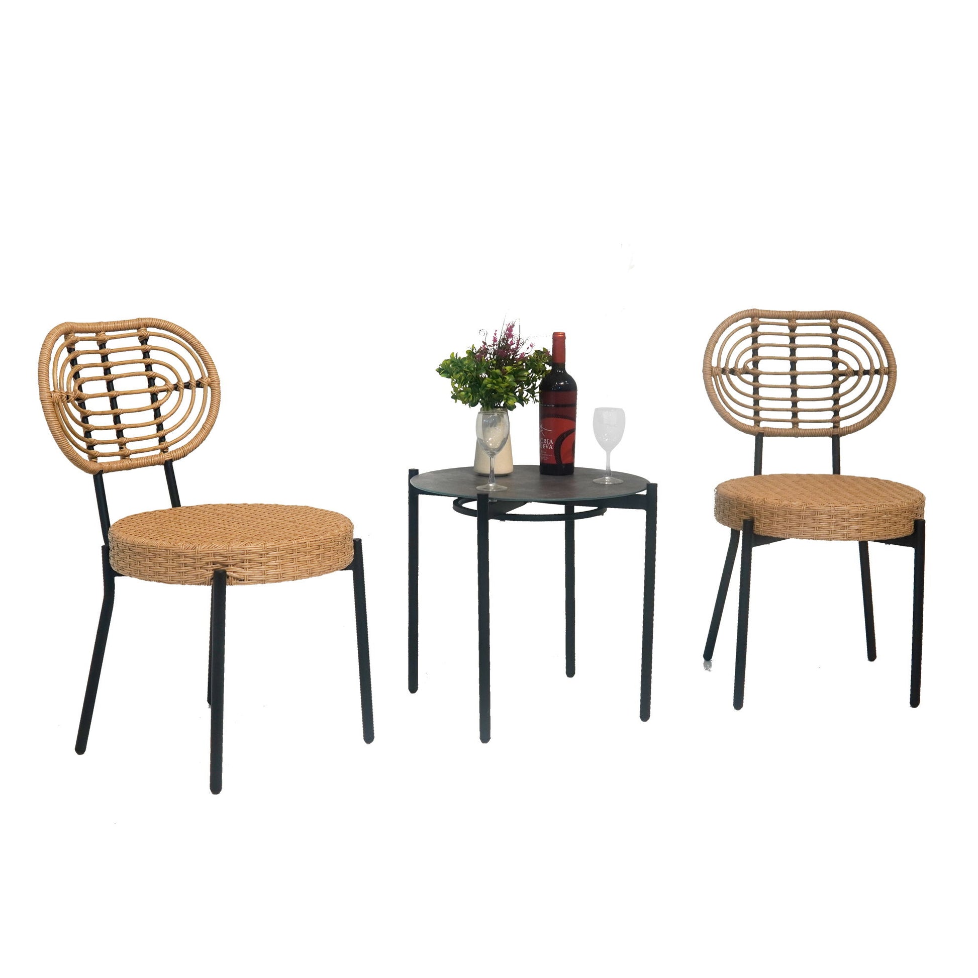 The 3 Pieces of Luxury Outdoor Wicker Furniture features two wicker chairs with black metal legs and a round table, set against a plain white background. The table is styled with a potted plant, wine bottle, and glass.