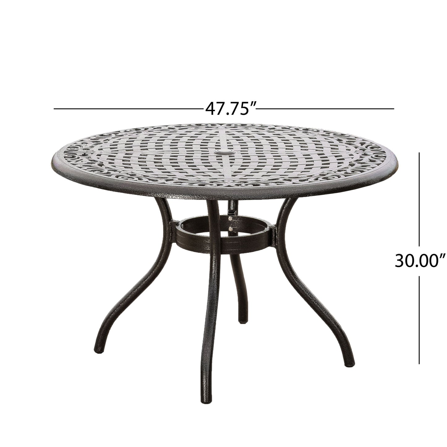 The Tranquilius Outdoor Round Dining Table features a black metal lattice tabletop, curved legs, a circular support ring, and an umbrella hole. The table measures 47.75" in diameter and 30" high—perfect for stylish outdoor dining.
