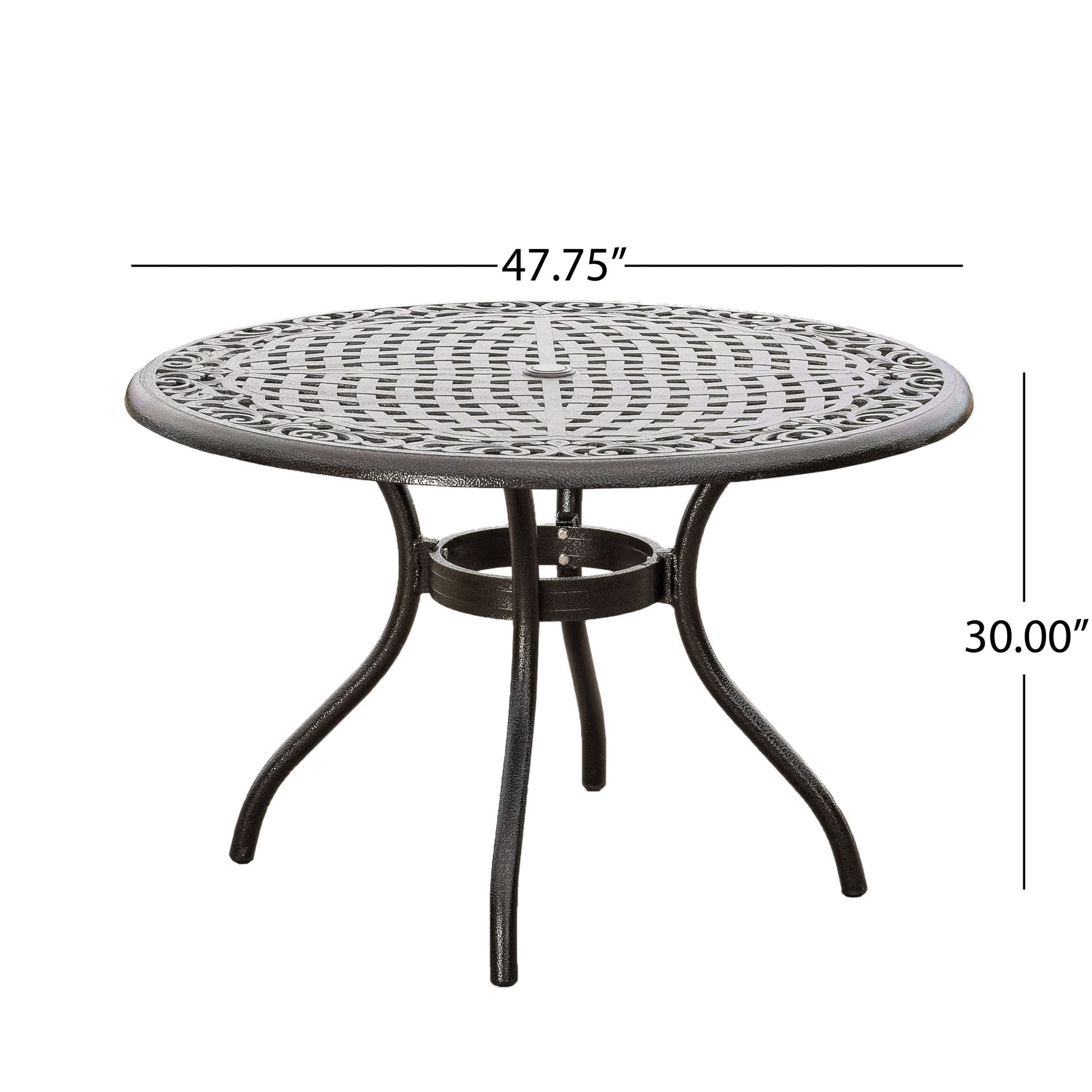 The Tranquilius Outdoor Round Dining Table features a black metal lattice tabletop, curved legs, a circular support ring, and an umbrella hole. The table measures 47.75" in diameter and 30" high—perfect for stylish outdoor dining.