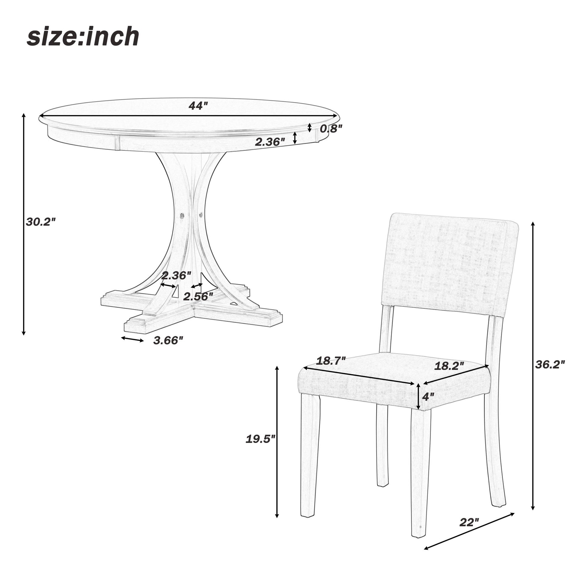 Line drawing of the Retro Round Dining Table Set with curved trestle legs. Table: 44"W x 30.2"H; upholstered chair: 18.7"W x 22"D x 36.2"H, seat height 19.5". All measurements in inches.