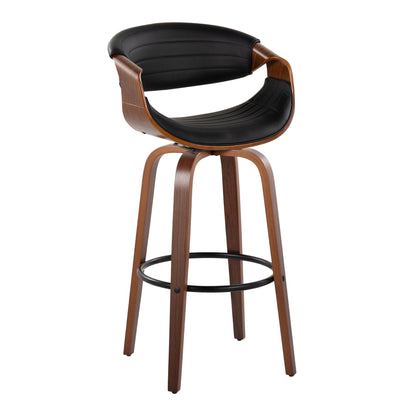 The Symphony barstool set features a mid-century modern design with a curved wooden frame, black upholstered seat and backrest, four angled legs, and a round black metal footrest. Includes fixed height and swivel function. Set of 2.
