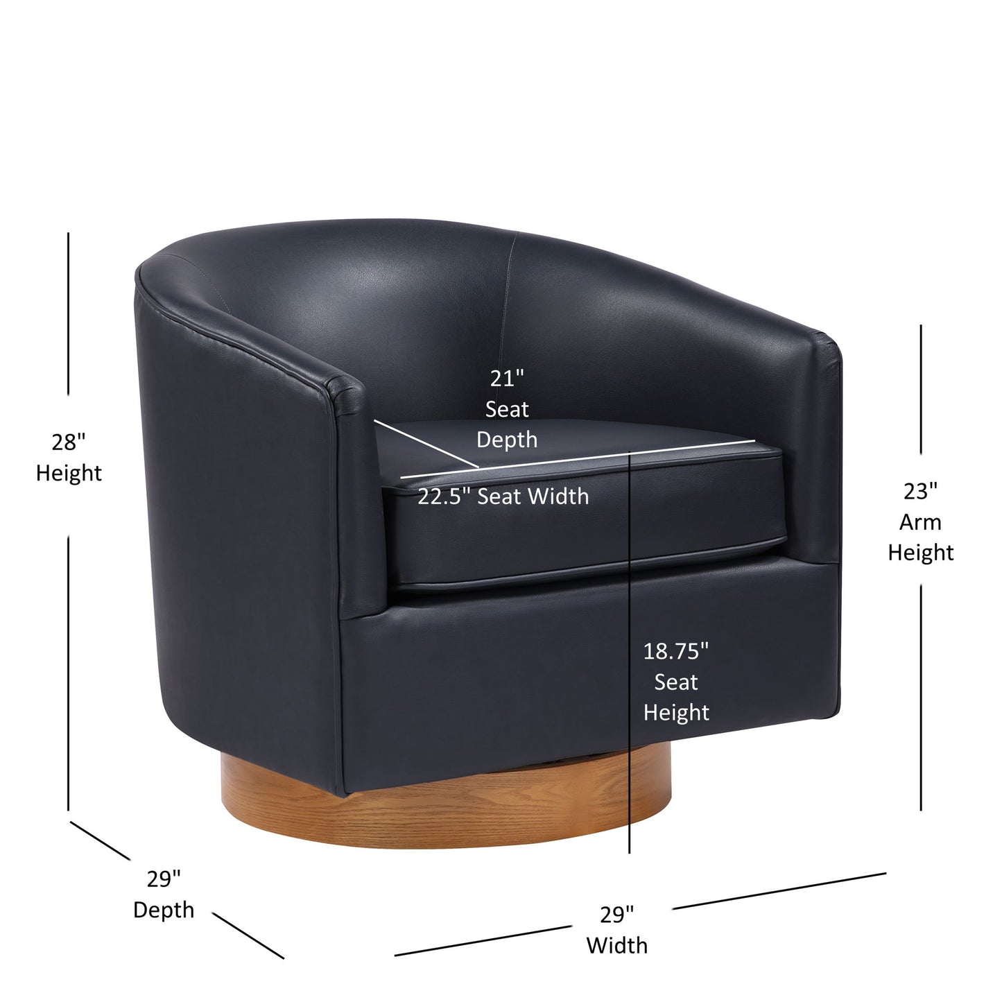 The Maisy - Barrel Swivel Chair is a modern black armchair with a round wooden base, measuring 29"W x 29"D x 28"H. Arm height: 23", seat: 18.75"H x 21"D x 22.5"W.