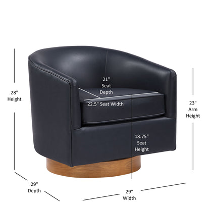 The Maisy - Barrel Swivel Chair is a modern black armchair with a round wooden base, measuring 29"W x 29"D x 28"H. Arm height: 23", seat: 18.75"H x 21"D x 22.5"W.