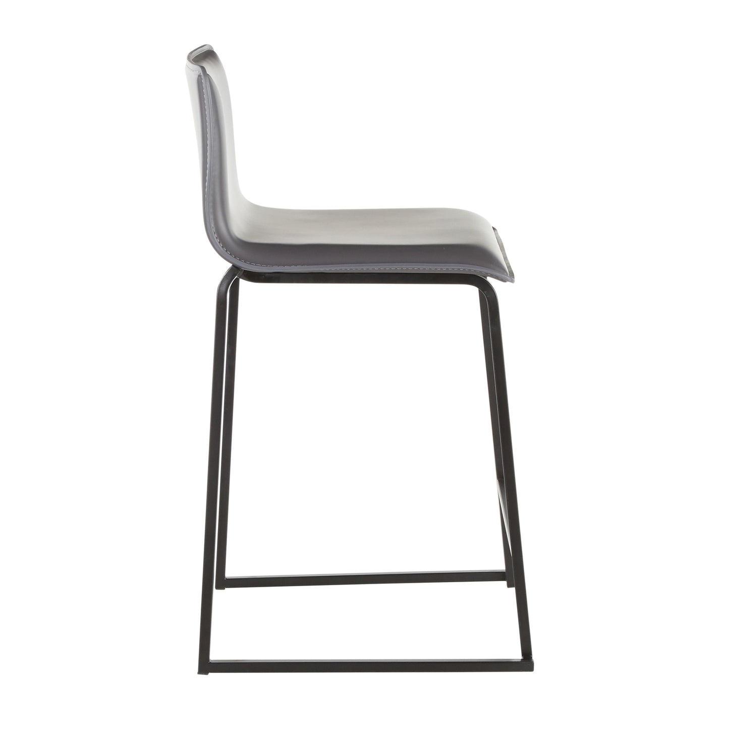 Side view of the Mara counter stool with a minimalist design, featuring a smooth gray seat and sleek black metal sled base.