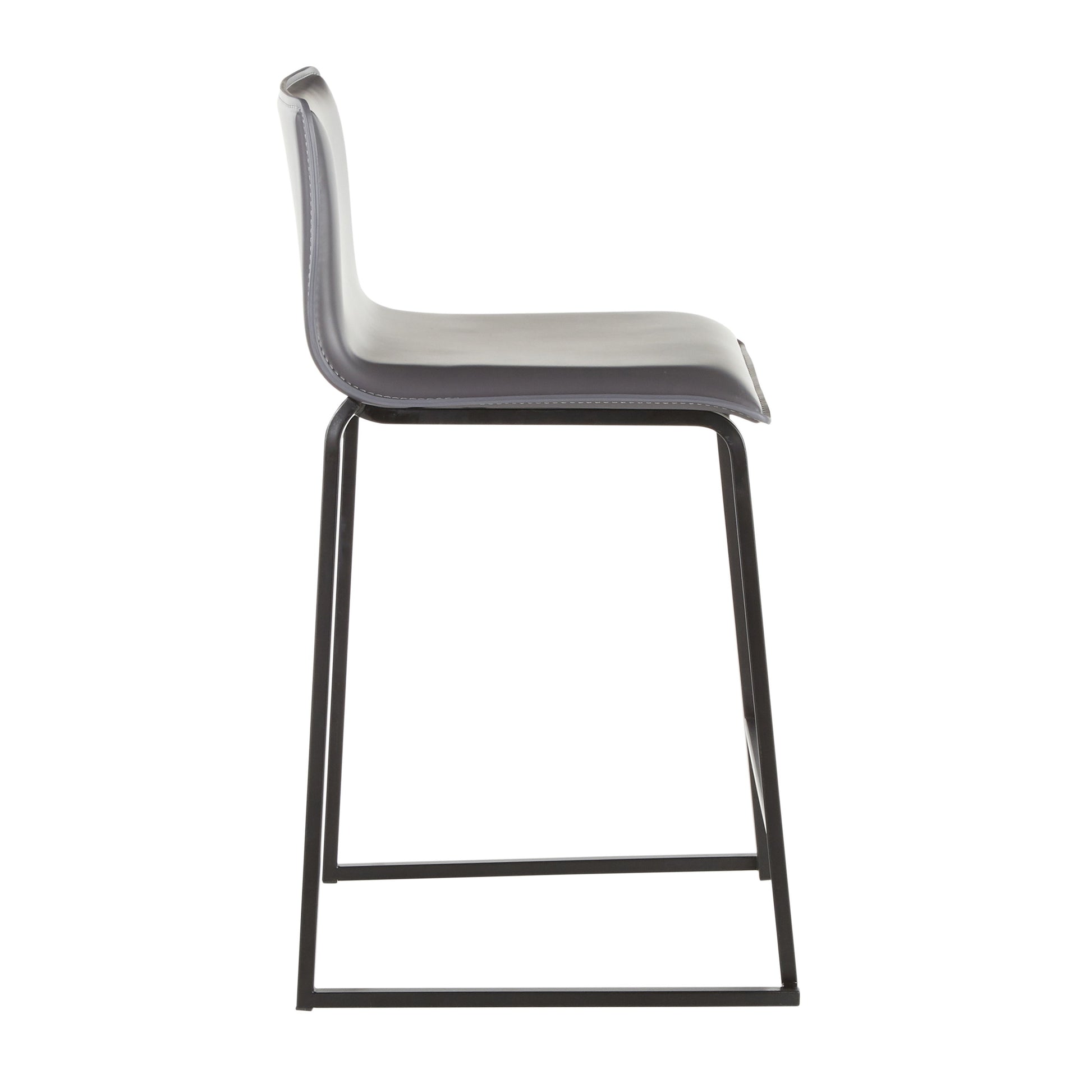 Side view of the Mara counter stool with a minimalist design, featuring a smooth gray seat and sleek black metal sled base.