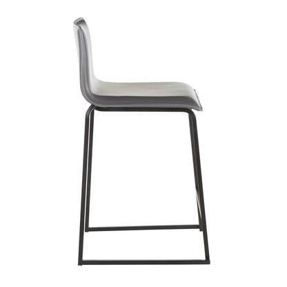 Side view of the Mara counter stool with a minimalist design, featuring a smooth gray seat and sleek black metal sled base.