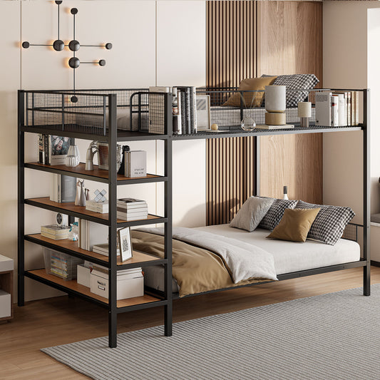 A modern bedroom features the Bunk Bed With 5 Tier Shelves; the top bunk has a railing and books, the bottom has beige bedding. Built-in shelves display books and decor, while wood panel accents and soft lighting complete the look.