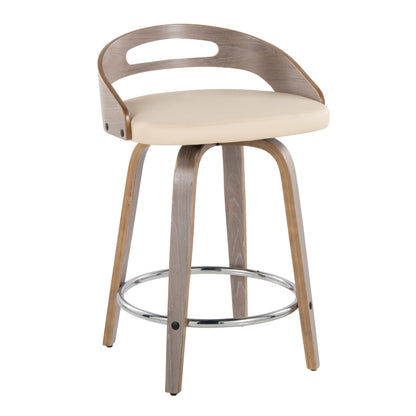 The Cassis Mid Century Modern Counter Stool (set of 2) features a curved wooden backrest, light beige cushioned seat, light wood legs, swivel function, and a round chrome footrest.
