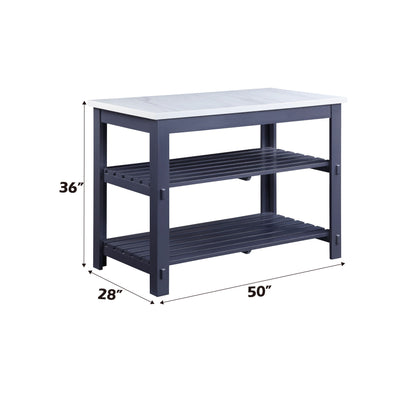 The Enapay - Marble Top Kitchen Island in gray features a white marble top, dark blue frame, two slatted shelves, and measures 36" high, 50" wide, and 28" deep.
