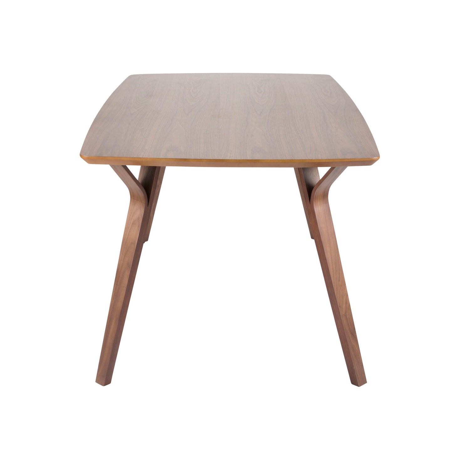 The Folia Mid Century Modern Dining Table features a smooth, rectangular wooden top and angled legs, shown against a white background.