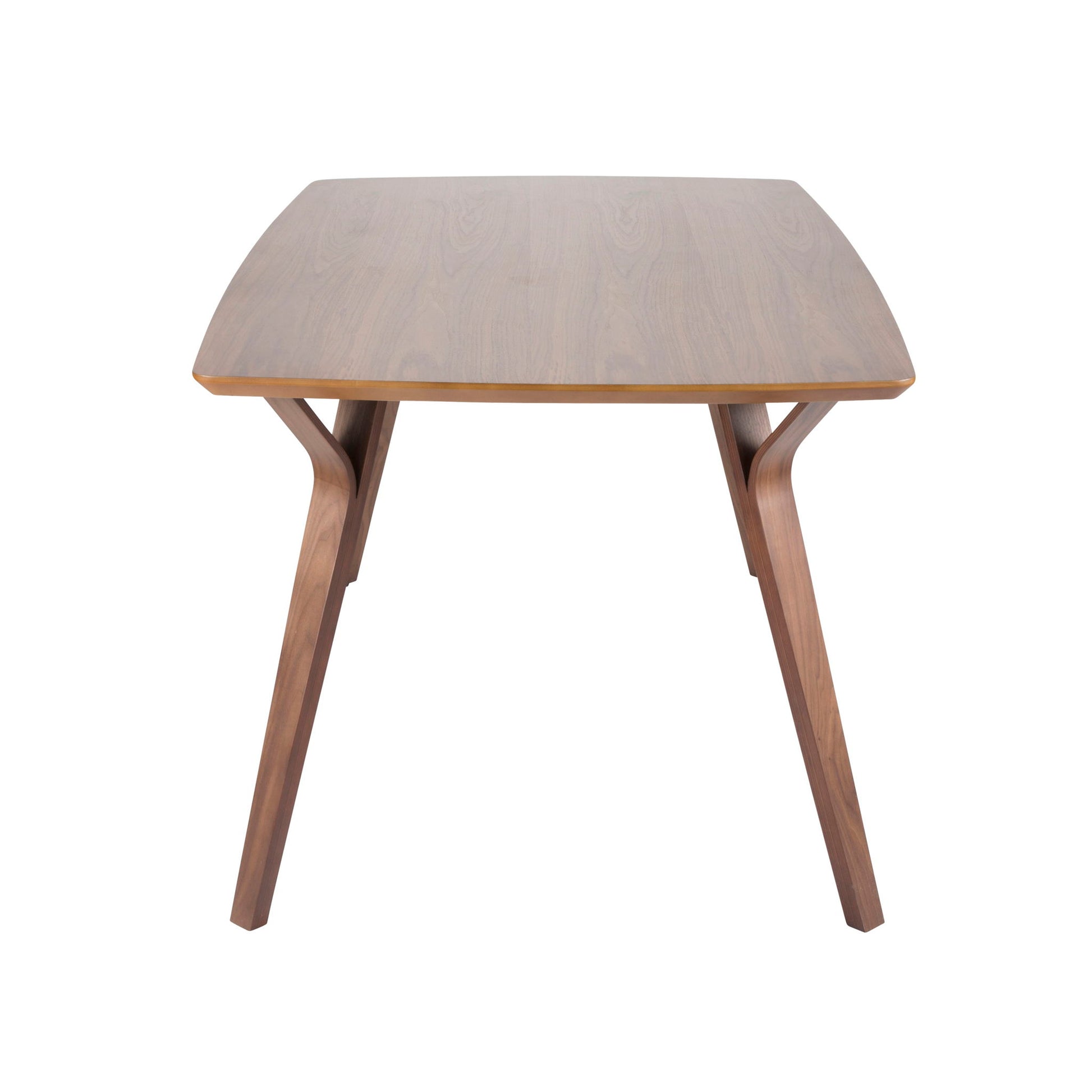 The Folia Mid Century Modern Dining Table features a smooth, rectangular wooden top and angled legs, shown against a white background.