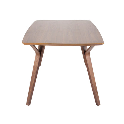 The Folia Mid Century Modern Dining Table features a smooth, rectangular wooden top and angled legs, shown against a white background.