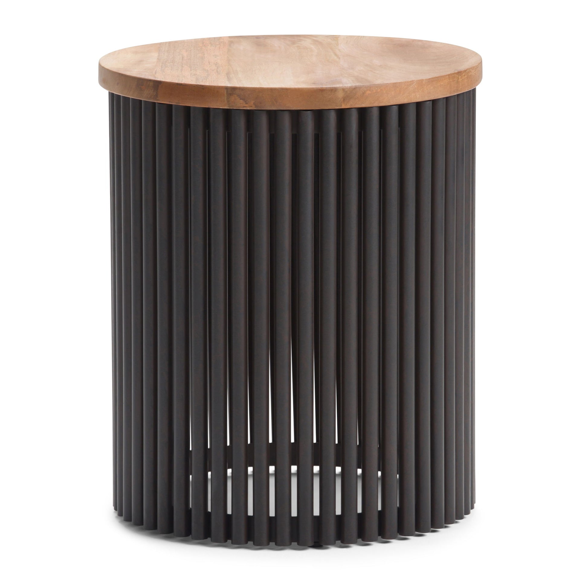 The Demy Accent Table in Natural/Black features a round wooden top and a cylindrical black metal base with vertical slats for an open, airy look.