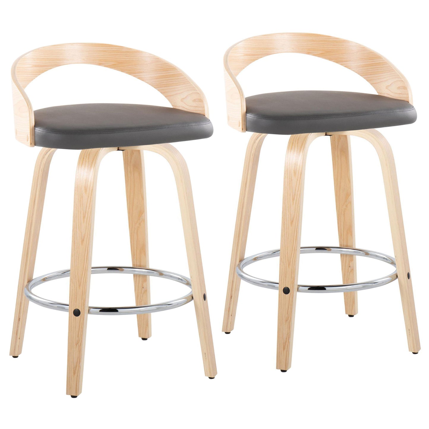 Set of 2 Grotto contemporary fixed-height counter stools with swivel feature, light wood curved backs and legs, gray cushioned seats, and round chrome footrests—all in a minimalist modern design.