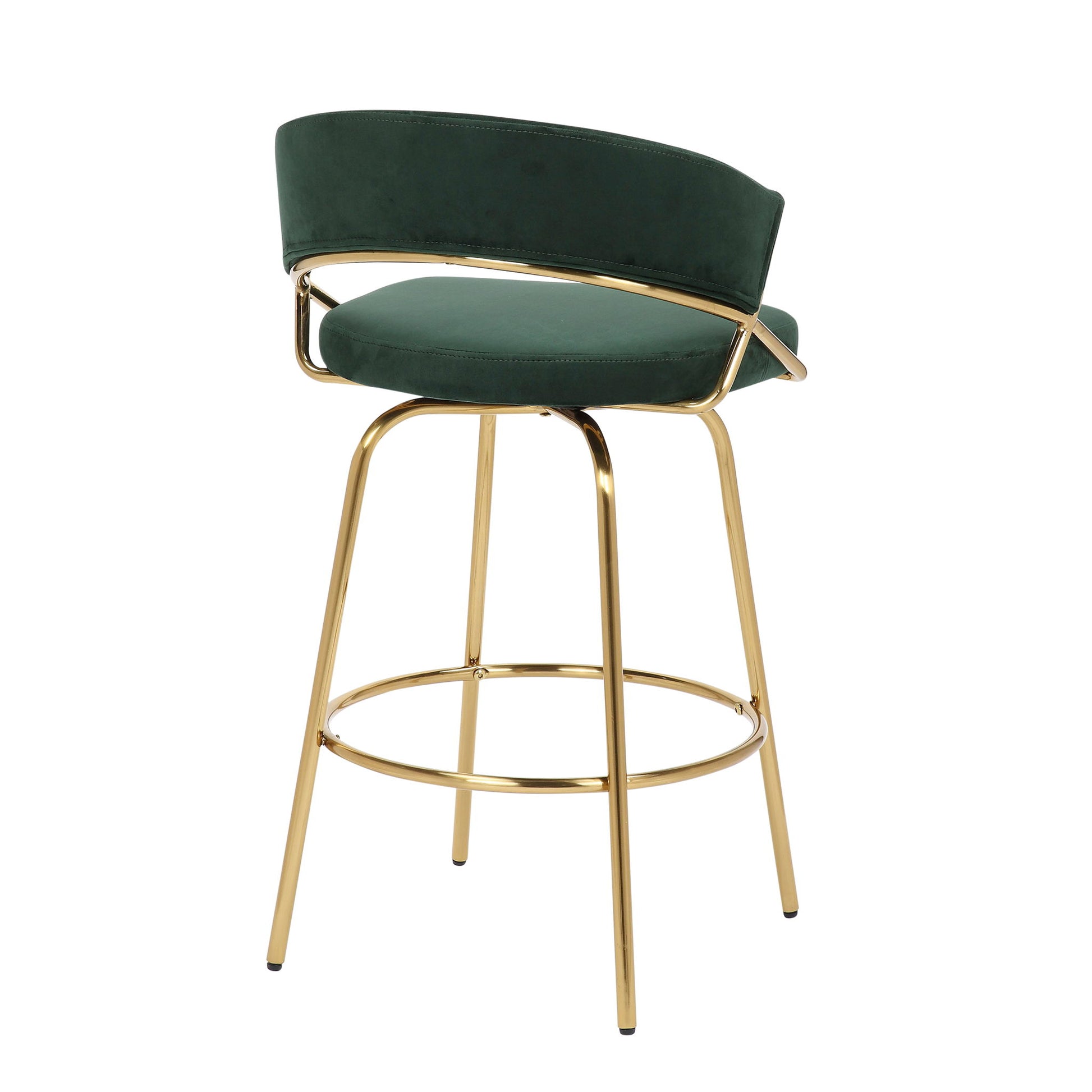 The Jie - Glam Fixed Height Counter Stool (Set of 2) features a gold metal frame, round footrest, and dark green upholstered seat with a curved, partially open backrest for a modern look.