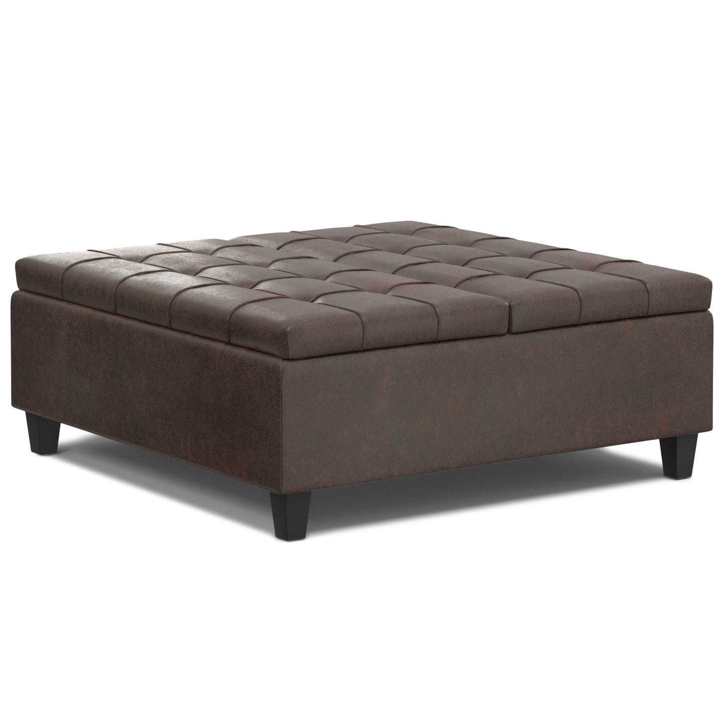 The Harrison Large Coffee Table Storage Ottoman is a square, dark brown tufted piece with short black legs and leather or faux leather upholstery, shown against a white background.