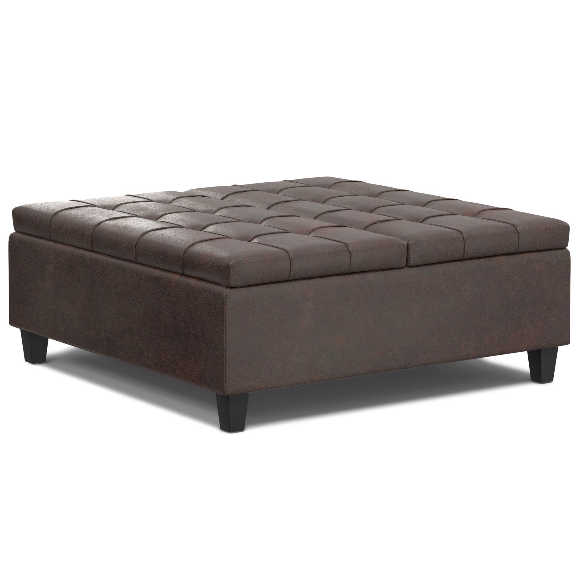 The Harrison Large Coffee Table Storage Ottoman is a square, dark brown tufted piece with short black legs and leather or faux leather upholstery, shown against a white background.