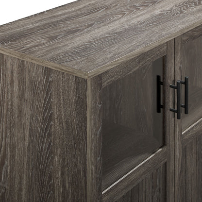Close-up of the Modern Grooved Door Accent Cabinet with a grayish-brown finish, visible wood grain texture, black metal handles, and glass door panels.