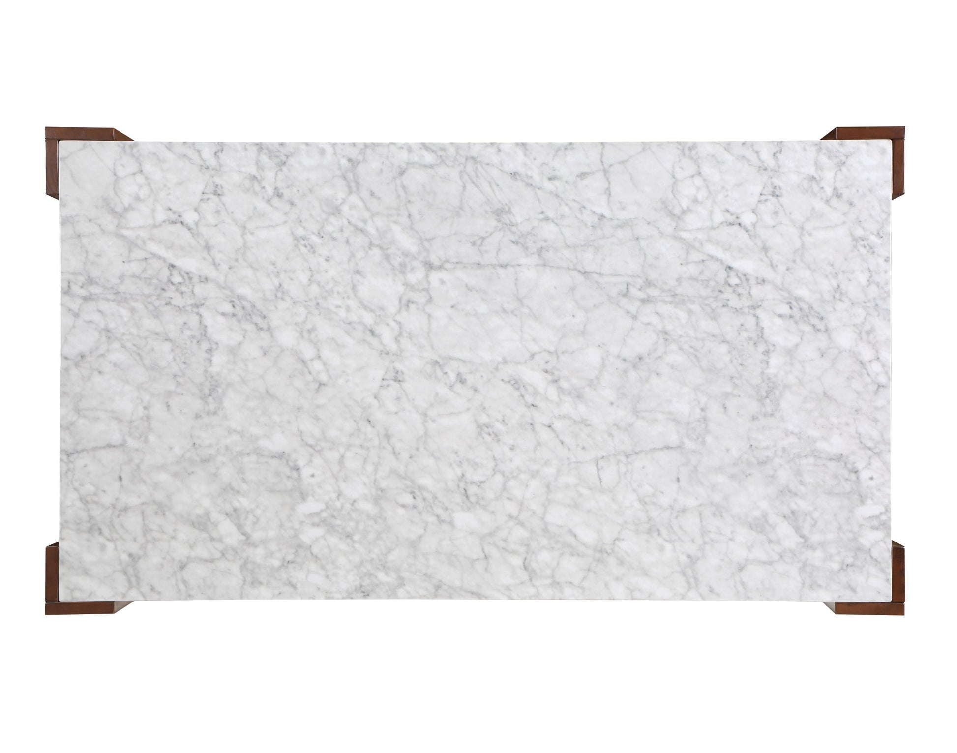 The Hettie Dining Table features a rectangular engineered stone top in white with subtle grey veining, accented by four small brown wooden corners, shown from above against a white background.