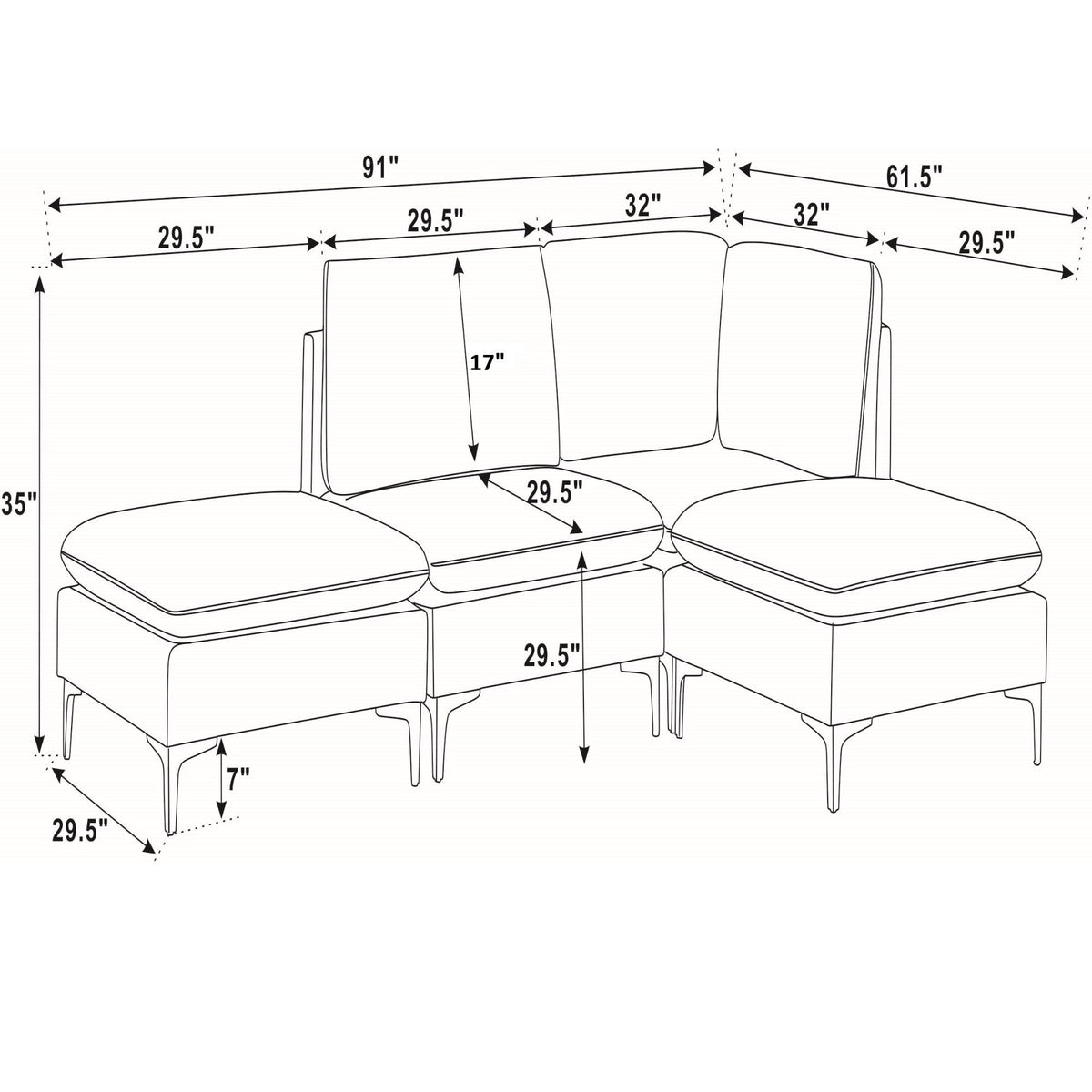 Upholstered Modular Sectional With Tall Legs, Medium Firm Seat