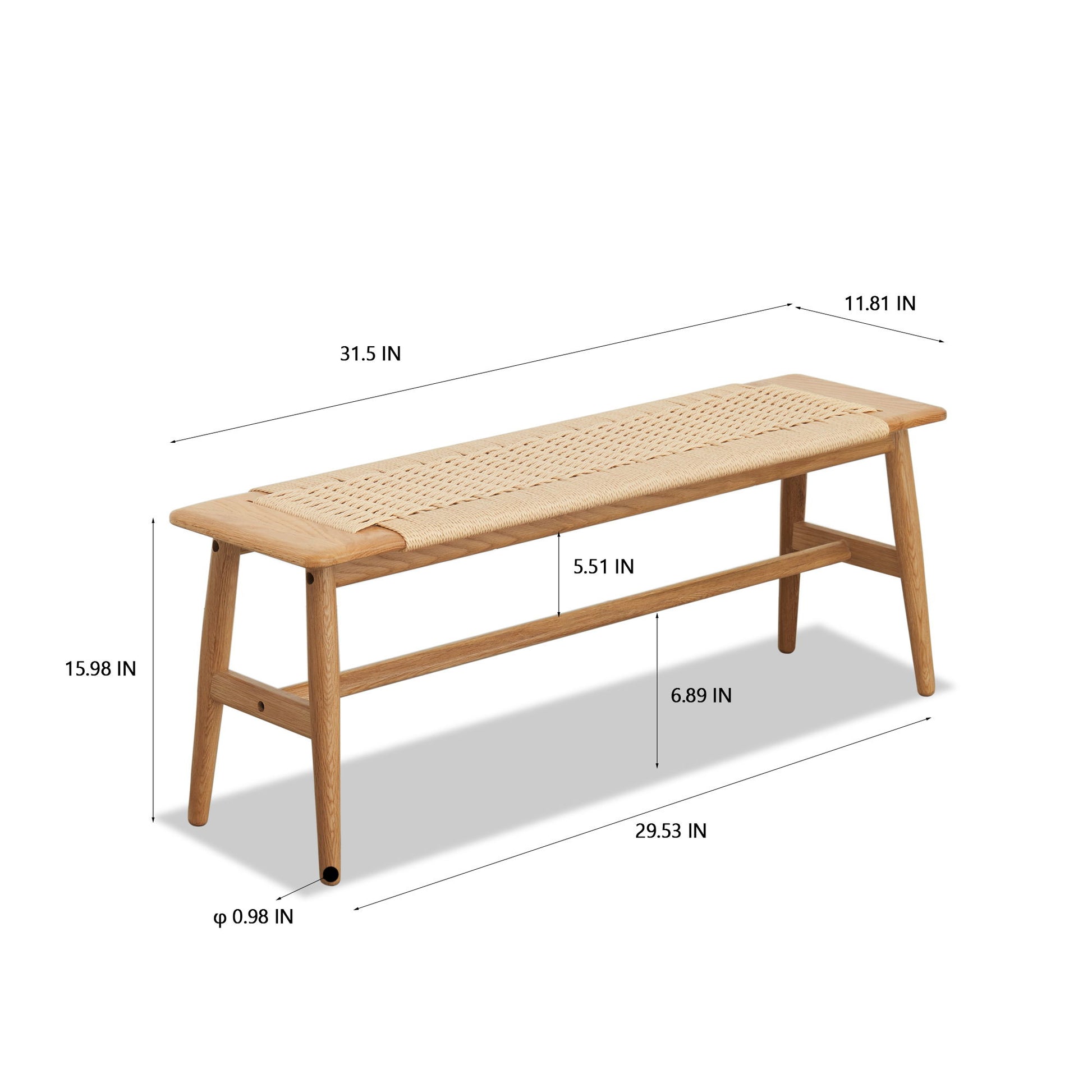The Woven Design Dining Bench for dining room or bedroom in Natural Oak features a woven seat and measures 31.5" L x 11.81" W x 15.98" H, with a 5.51" seat width, 6.89" leg space, 29.53" leg length, and 0.98" leg diameter.