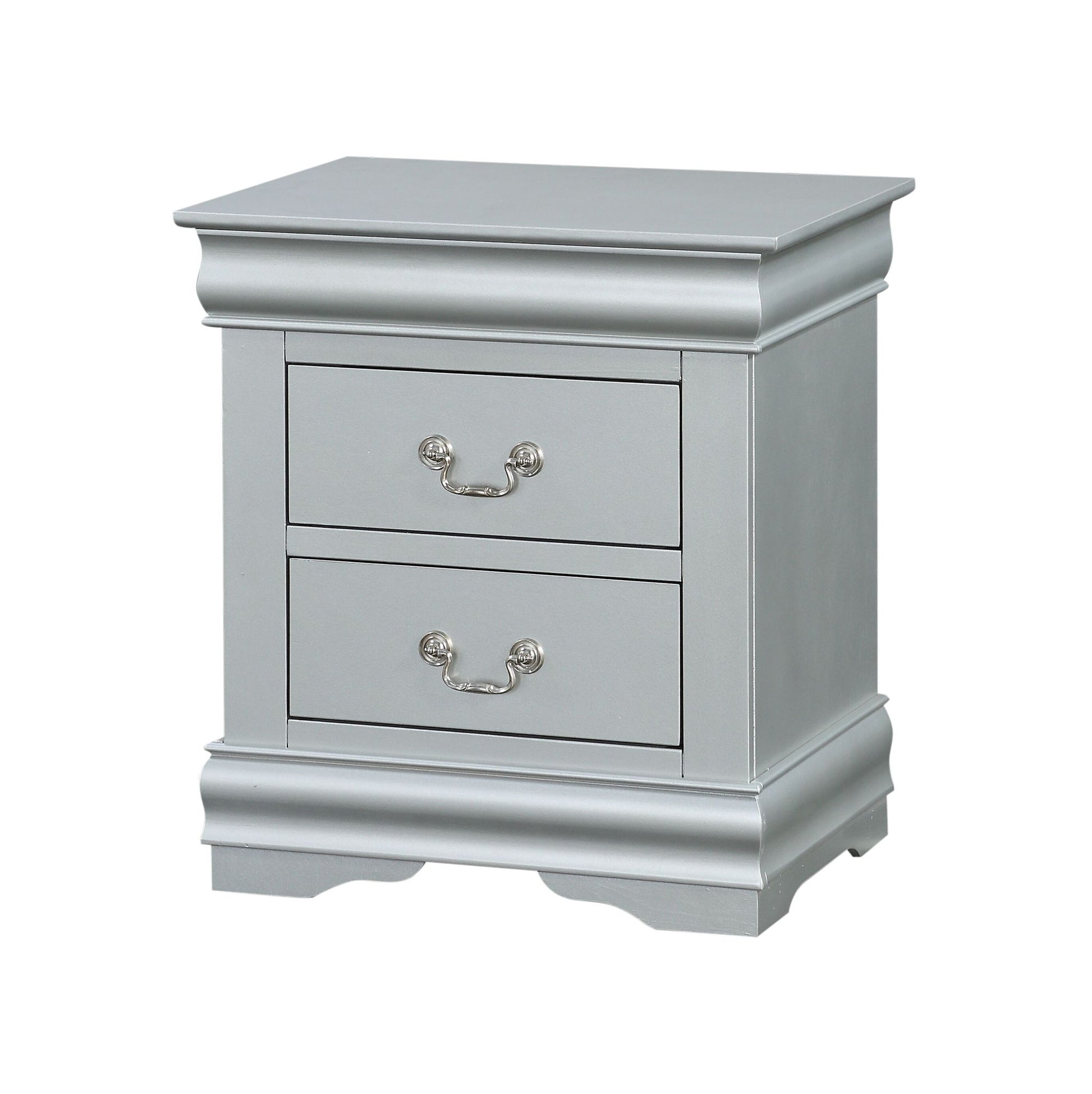 The Louis Philippe III - Sleek Design Nightstand features a silver finish, two drawers with metal handles, a classic design with curved base edges, and a smooth flat top.