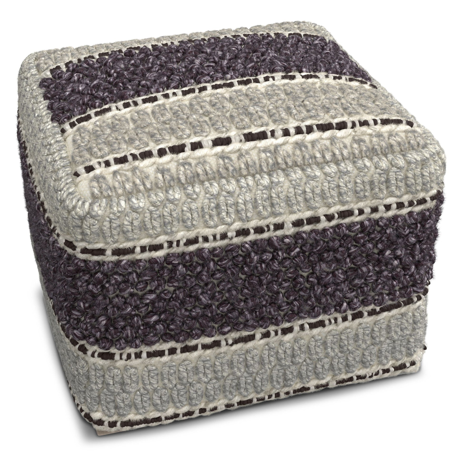 The Grady - Handcrafted Square Pouf features a chunky, handwoven texture with alternating thick stripes of dark purple and light gray yarn, rounded edges, and a stylish square design.