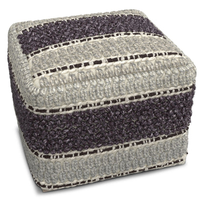 The Grady - Handcrafted Square Pouf features a chunky, handwoven texture with alternating thick stripes of dark purple and light gray yarn, rounded edges, and a stylish square design.