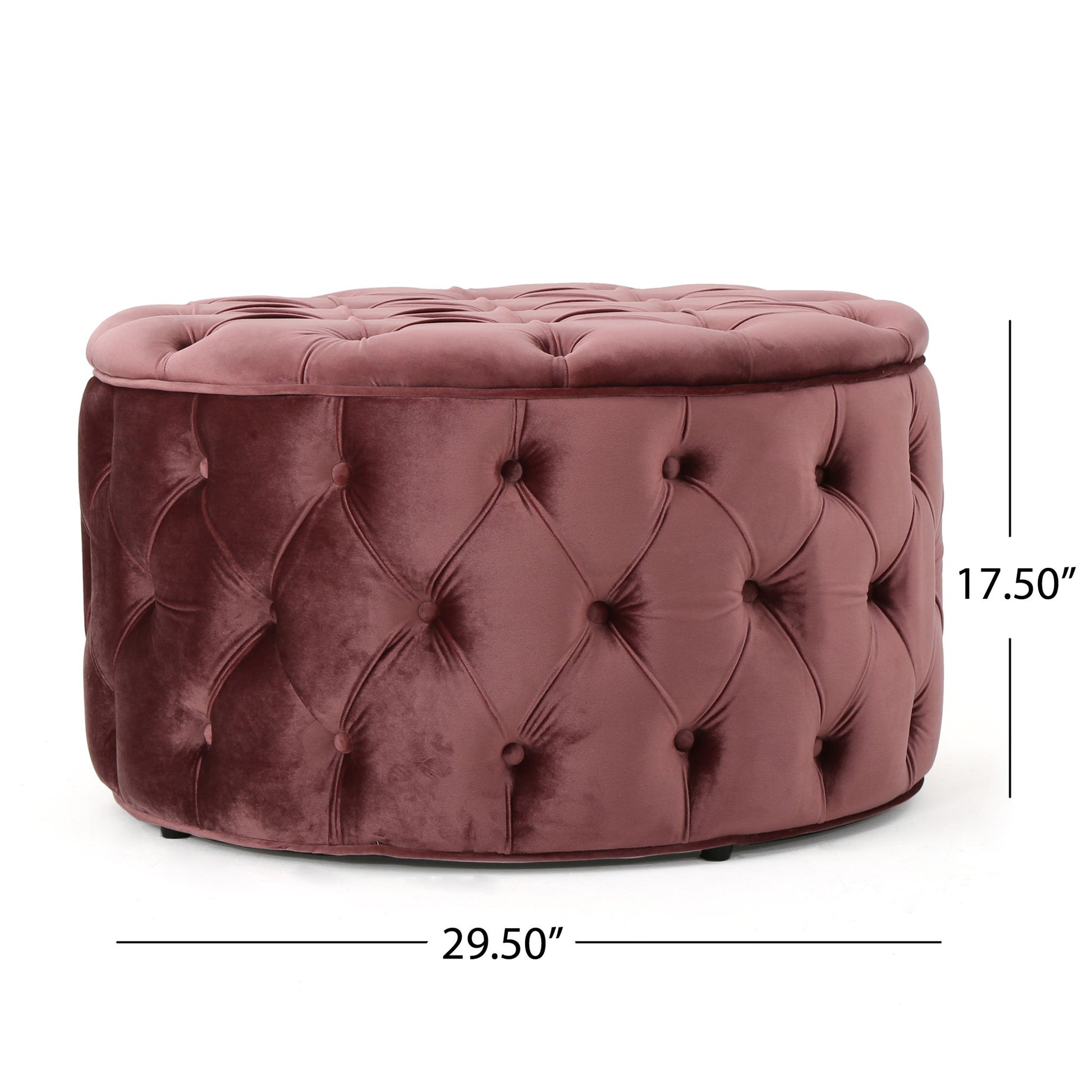 The Modern Glam Ottoman Velvet is a round, tufted piece in mauve velvet with button details, plush cushioned top, and measures 29.5" wide by 17.5" high.