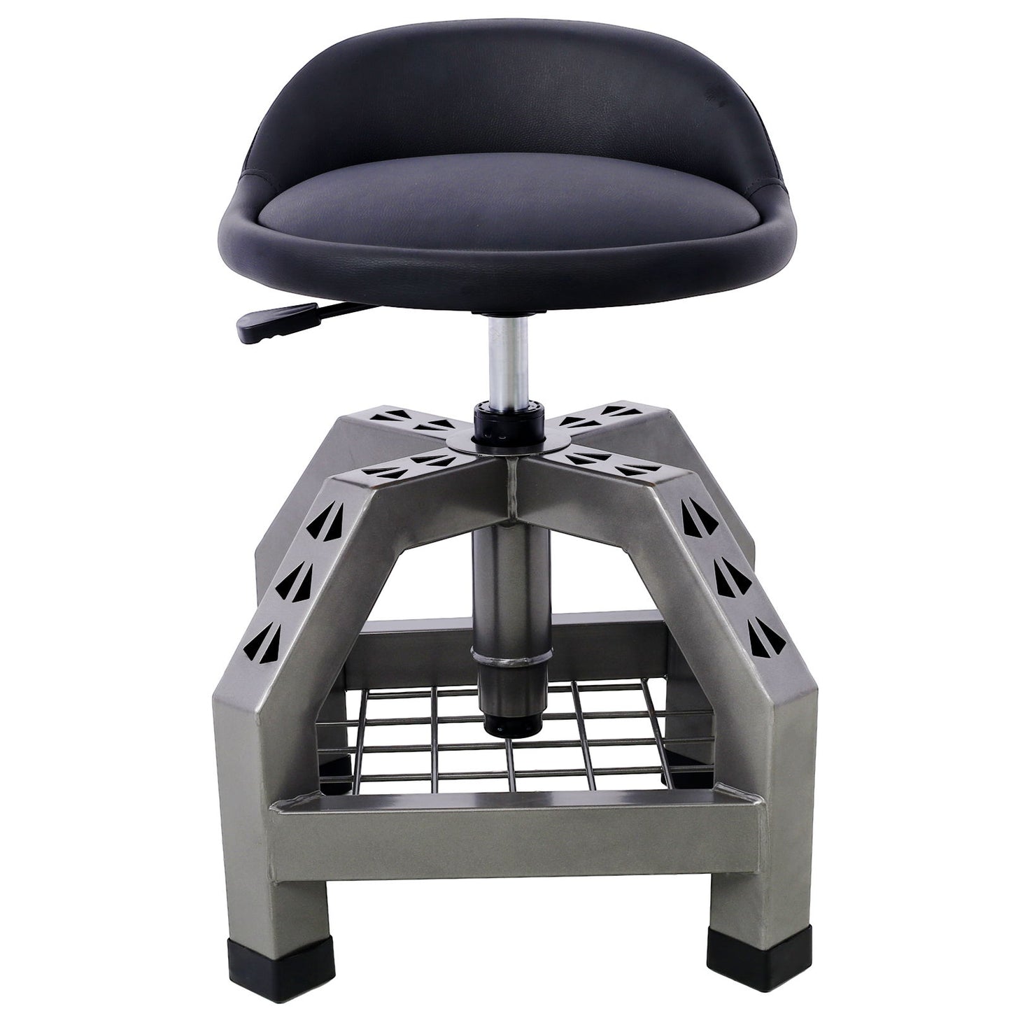 The Pneumatic 360 Degree Swivel Stool is a heavy duty rolling mechanics stool with a padded black seat, adjustable height lever, sturdy metal base with geometric cutouts, grid footrest, and casters for easy movement.