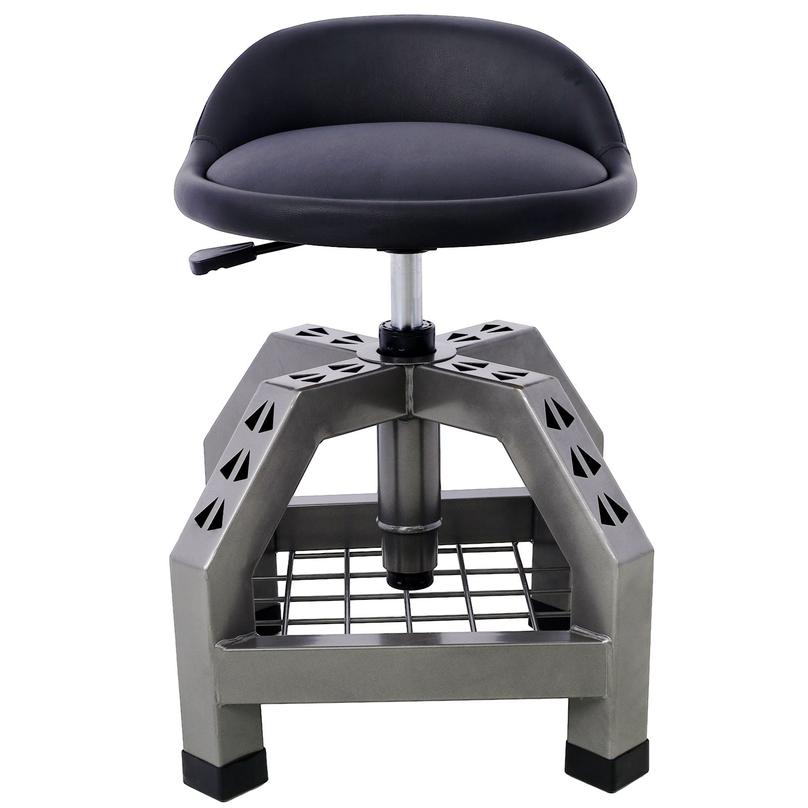 The Pneumatic 360 Degree Swivel Stool is a heavy duty rolling mechanics stool with a padded black seat, adjustable height lever, sturdy metal base with geometric cutouts, grid footrest, and casters for easy movement.