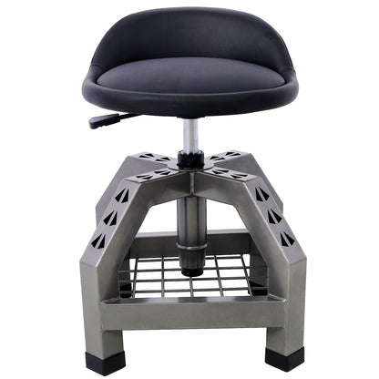The Pneumatic 360 Degree Swivel Stool is a heavy duty rolling mechanics stool with a padded black seat, adjustable height lever, sturdy metal base with geometric cutouts, grid footrest, and casters for easy movement.