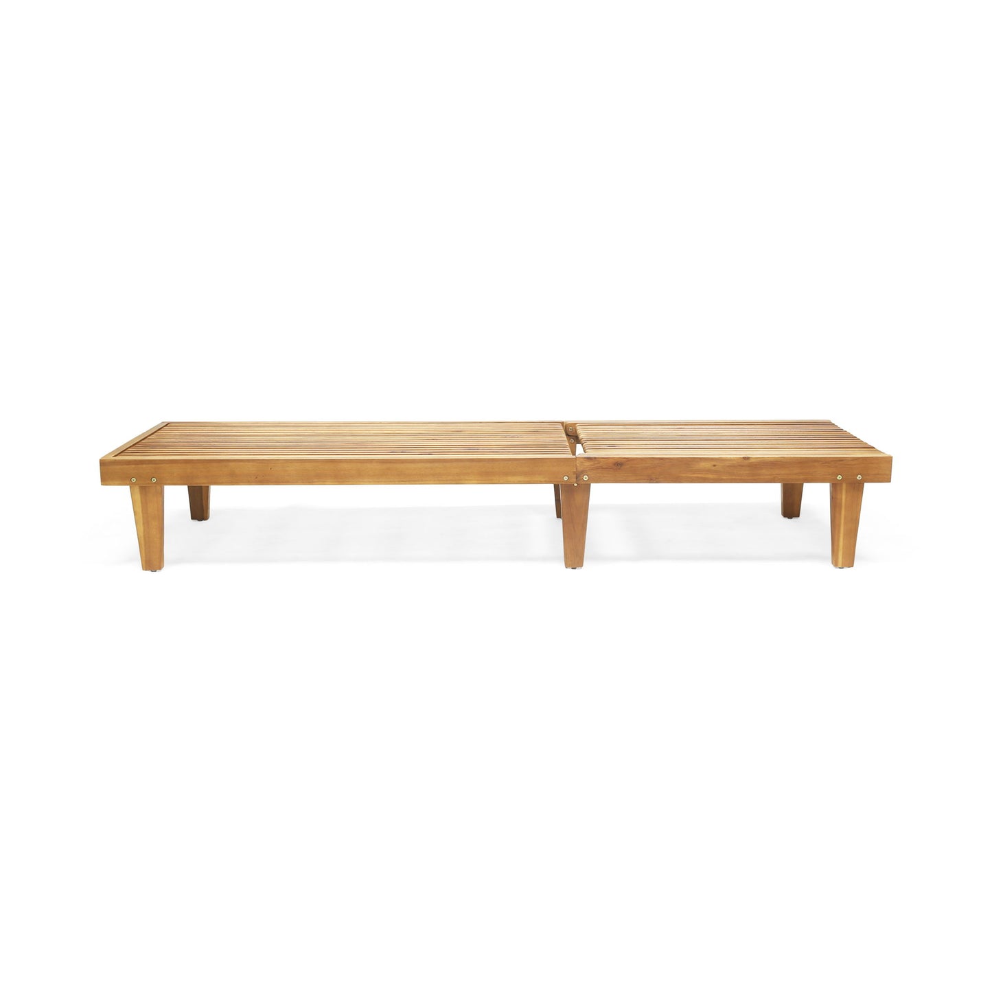 The Nadine Stylish Chaise Lounge Chair in teak features a simple rectangular design with six legs and a slatted seat, shown against a plain white background.