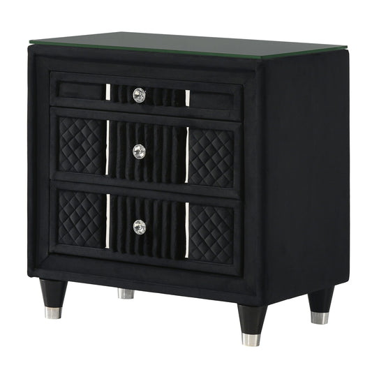 1 Piece Nightstand Upholstery Textured Look Luxurious Feel Drawer Fronts Crystal Style Knobs - Black