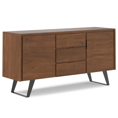 The Lowry - Handcrafted Sideboard Buffet features a modern walnut finish, two cabinet doors, three central drawers, and stands on angled black metal legs.