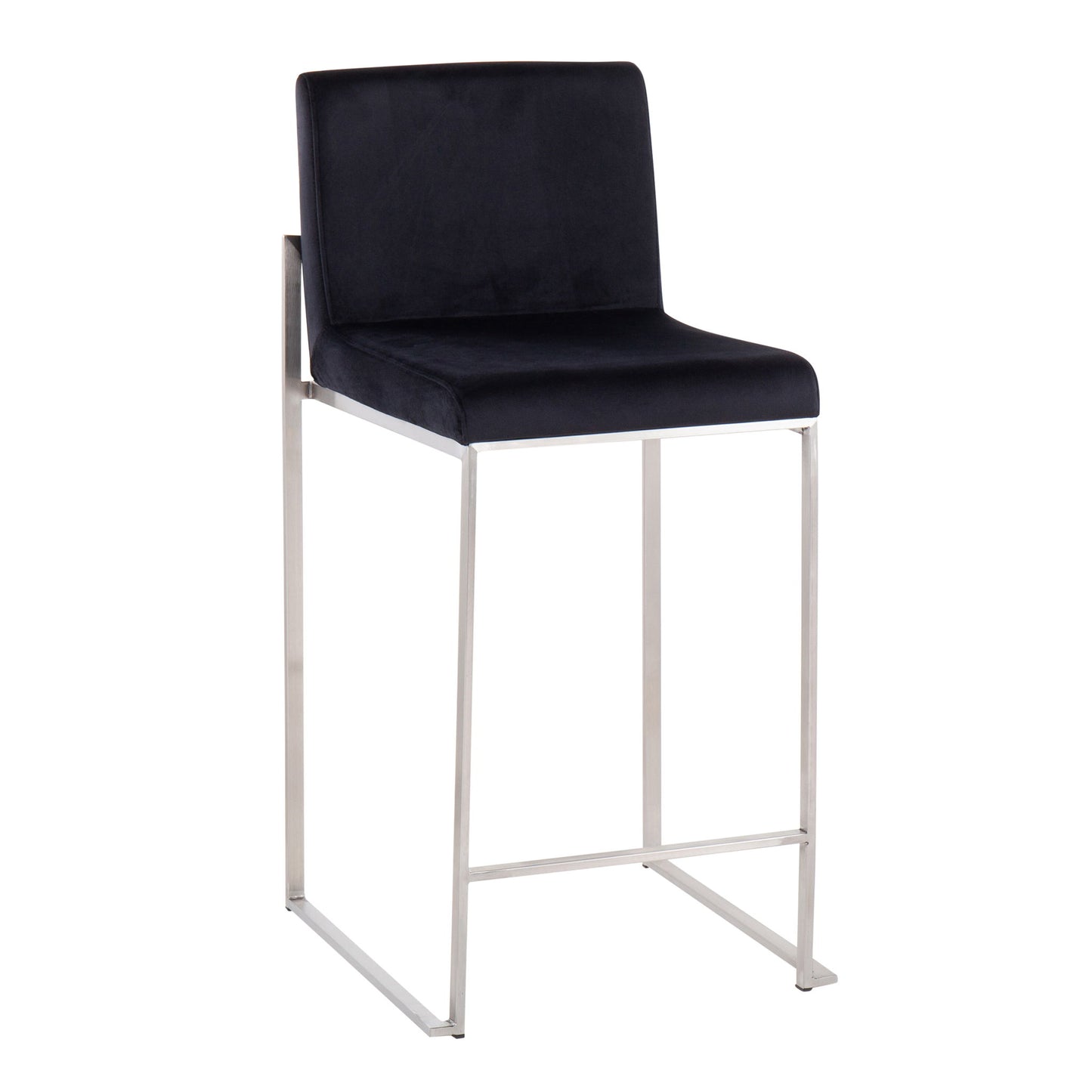 The Fuji Contemporary High Back Counter Stool features a black cushioned seat and backrest, a sleek silver-finished metal frame, minimalist design, and integrated footrest for functional comfort.