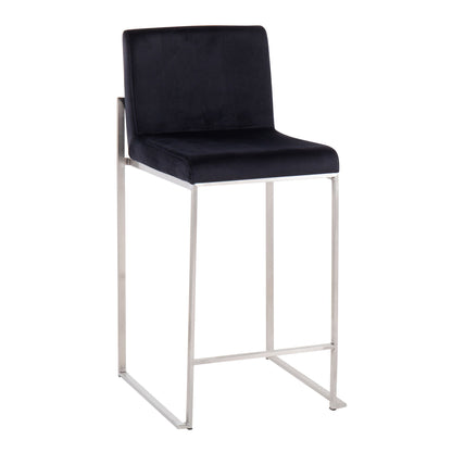 The Fuji Contemporary High Back Counter Stool features a black cushioned seat and backrest, a sleek silver-finished metal frame, minimalist design, and integrated footrest for functional comfort.