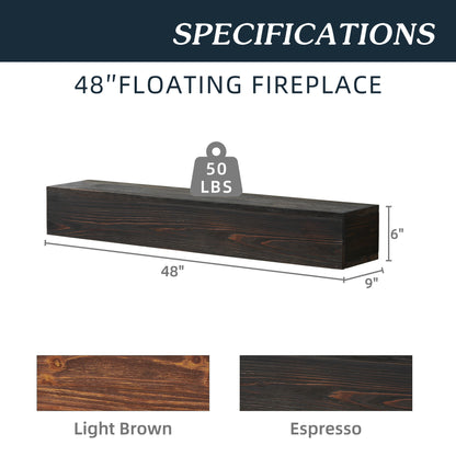 Specifications for the Rustic Wood Fireplace Mantel: 48" floating shelf, 6" high, 9" deep, supports up to 50 lbs. Wall-mounted design for home decor. Available in light brown and espresso finishes.