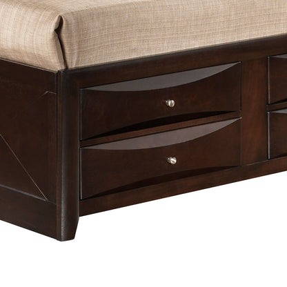 Close-up of the Marilla Storage Bed With Bookcase Headboard, showcasing a dark wood corner with two drawers featuring curved fronts and metal knobs, topped with a beige upholstered mattress.